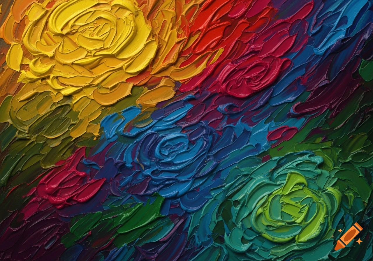 Vibrant abstract oil painting with thick, impasto strokes of yellow, red, blue, and green paint creating a swirling texture.