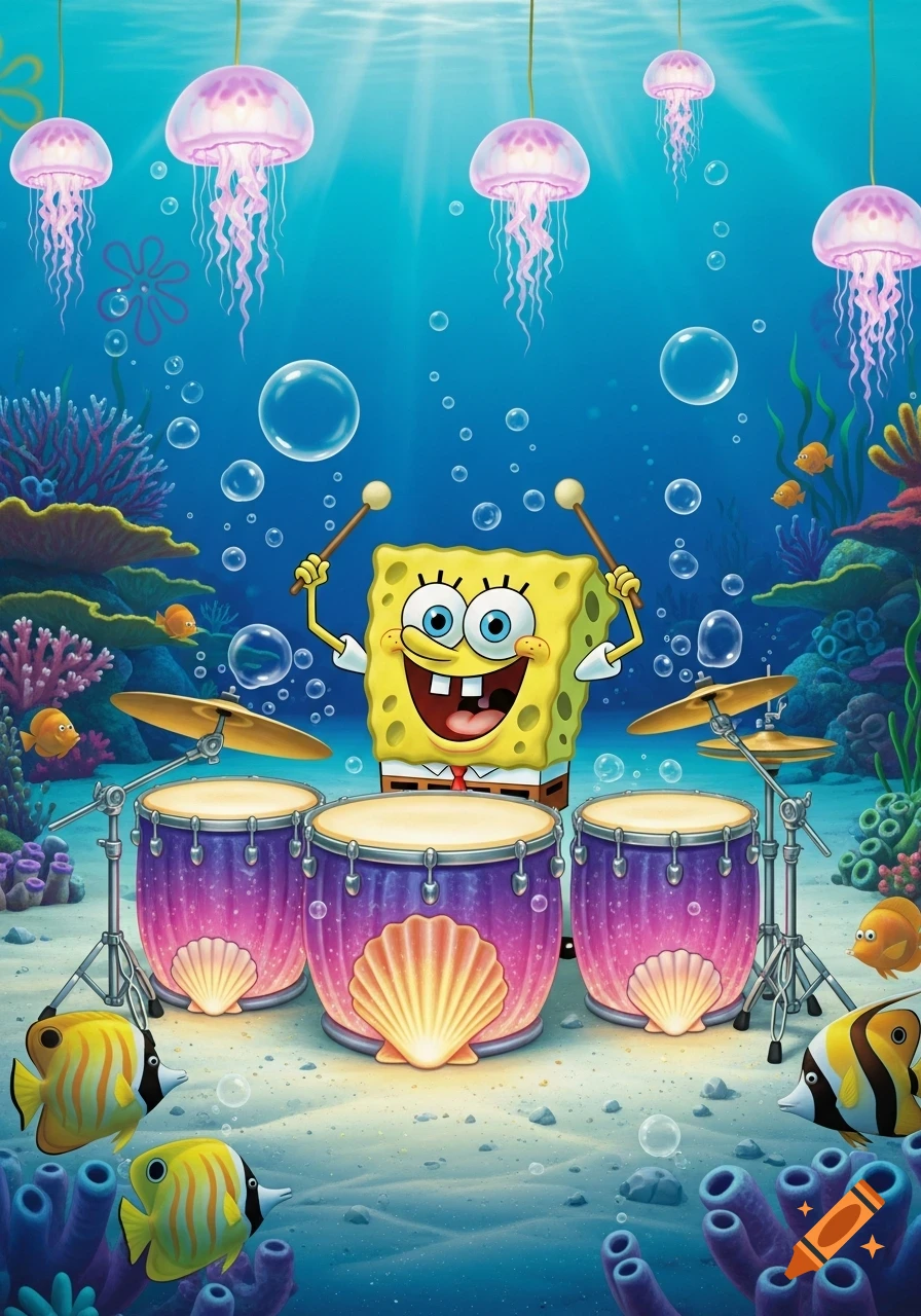 SpongeBob SquarePants joyfully plays a purple drum set with shell designs, surrounded by jellyfish and colorful fish in a vibrant cartoon underwater scene.