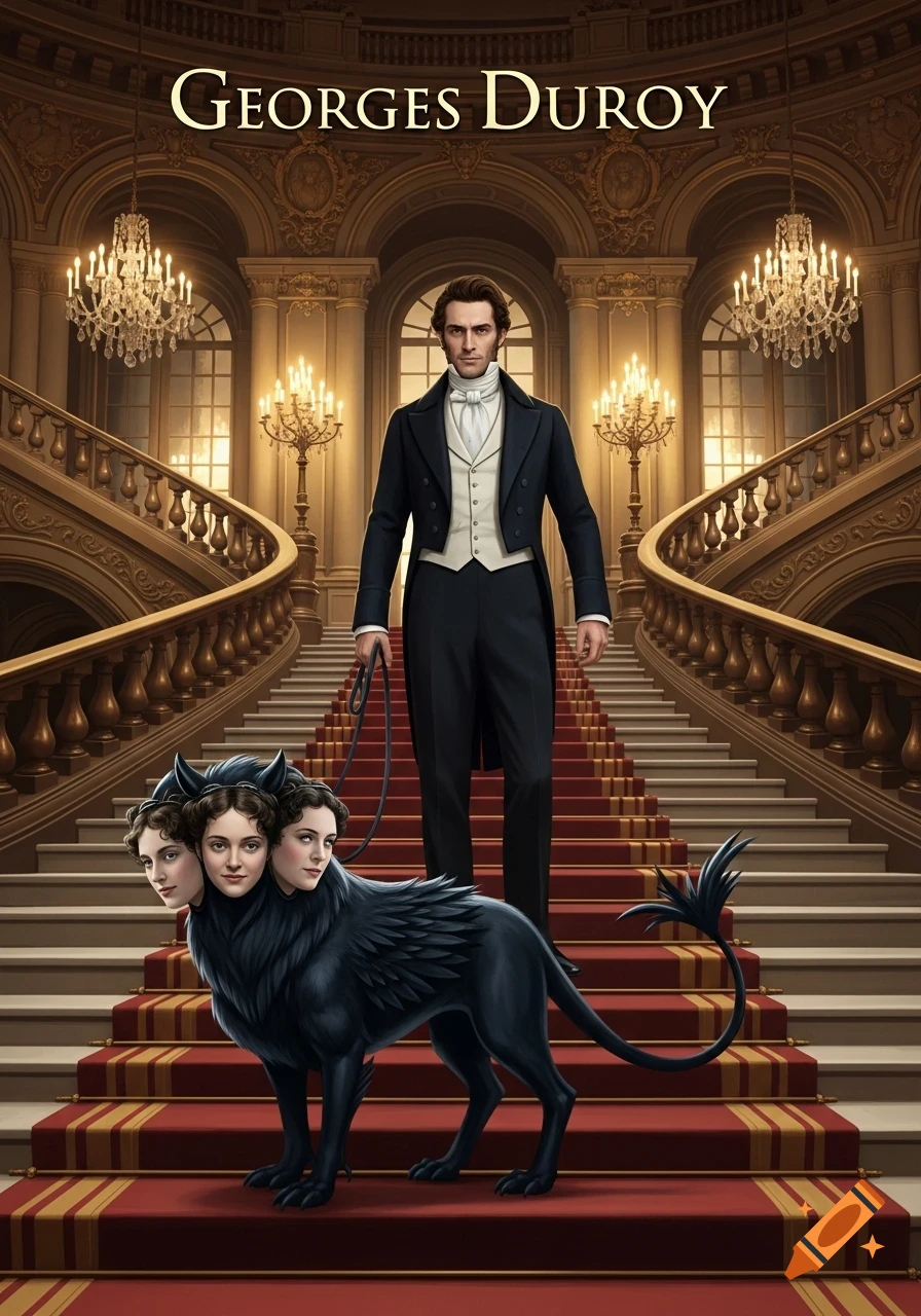 A man in a black suit and white waistcoat stands on a grand staircase, holding a leash attached to a black, feathered creature with three female heads. Text reads "GEORGES DUROY" at the top.