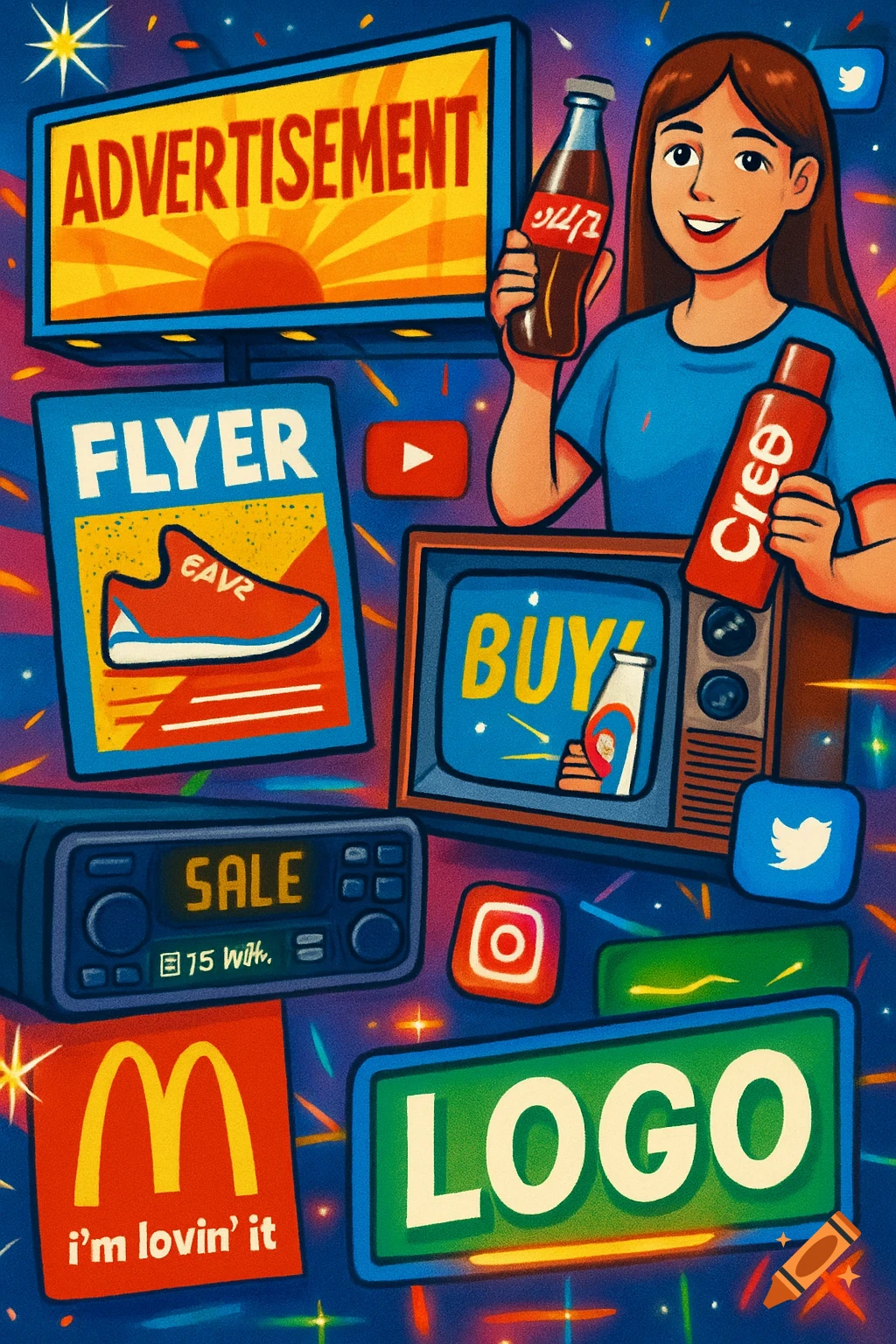 A vibrant cartoon collage of various advertising forms including a billboard, flyer, TV screen, radio, and social media logos, with a smiling woman holding two product bottles.
