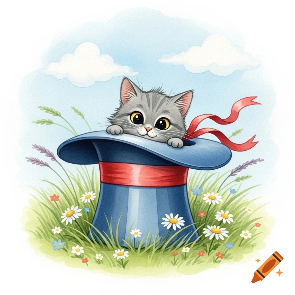 A cute watercolor illustration of a grey tabby kitten peeking out of a blue top hat amidst green grass and daisies.