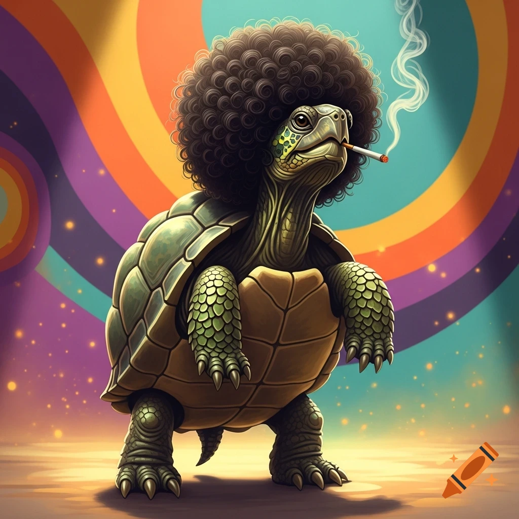 A stylized illustration of a turtle standing on two legs, wearing a large curly afro wig and smoking a cigarette, against a vibrant rainbow background.