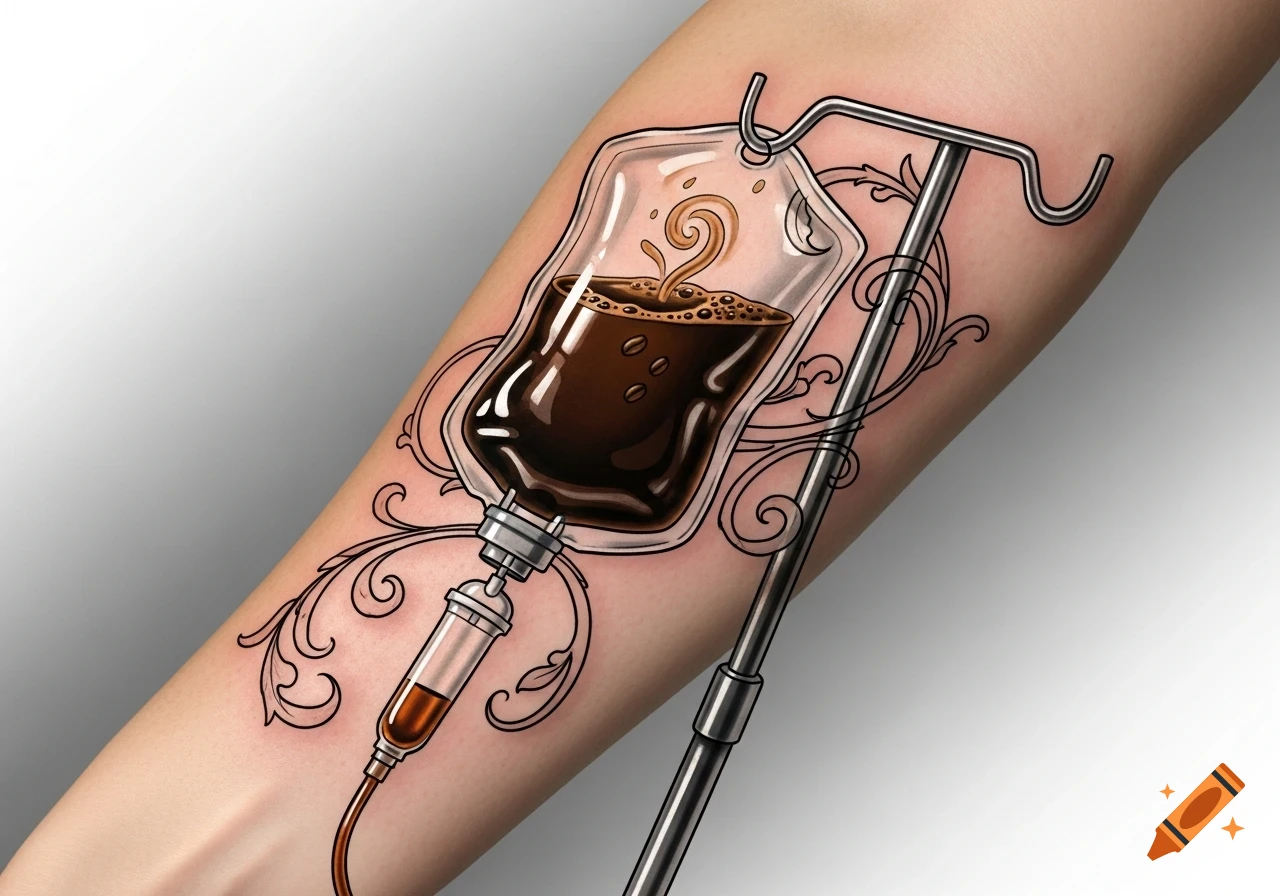 A stylized tattoo of an IV drip bag filled with coffee on a person's arm, with decorative swirls around it.