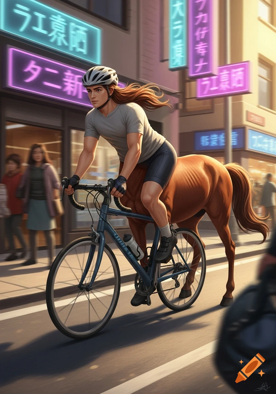 A centaur with long brown hair, wearing a helmet and cycling gear, rides a blue bicycle down a city street lined with buildings and glowing neon signs at dusk. Other blurred figures are in the background.