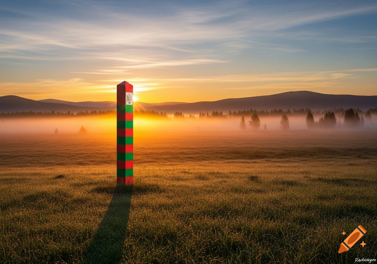 A Russian border post with red and green stripes stands in a misty field at sunrise, with mountains in the background, in a photorealistic style.