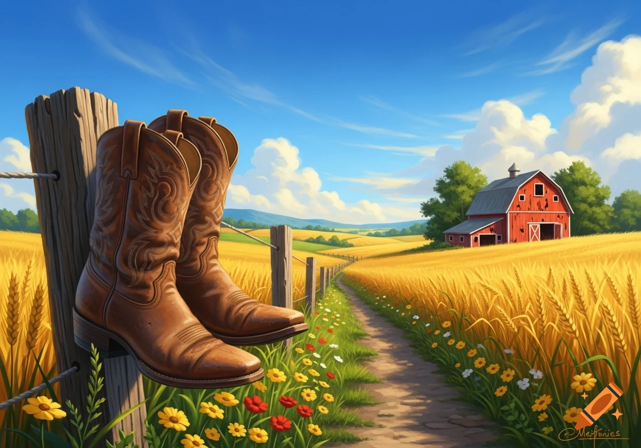 Vibrant illustration of brown cowboy boots on a fence post, a dirt path through golden fields, and a red barn under a blue sky.