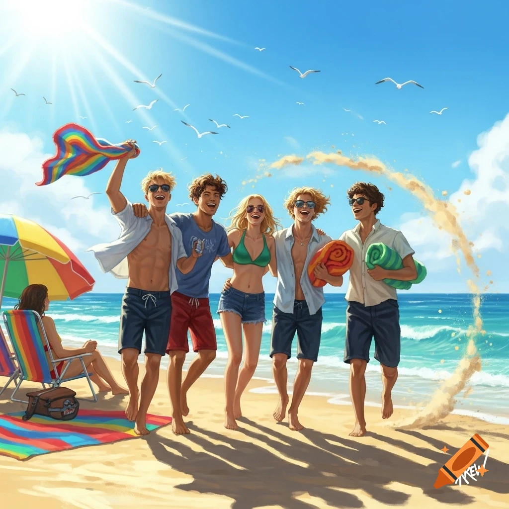 A vibrant illustration shows five happy friends walking along a sunny beach with towels, laughing, with another person relaxing under an umbrella.