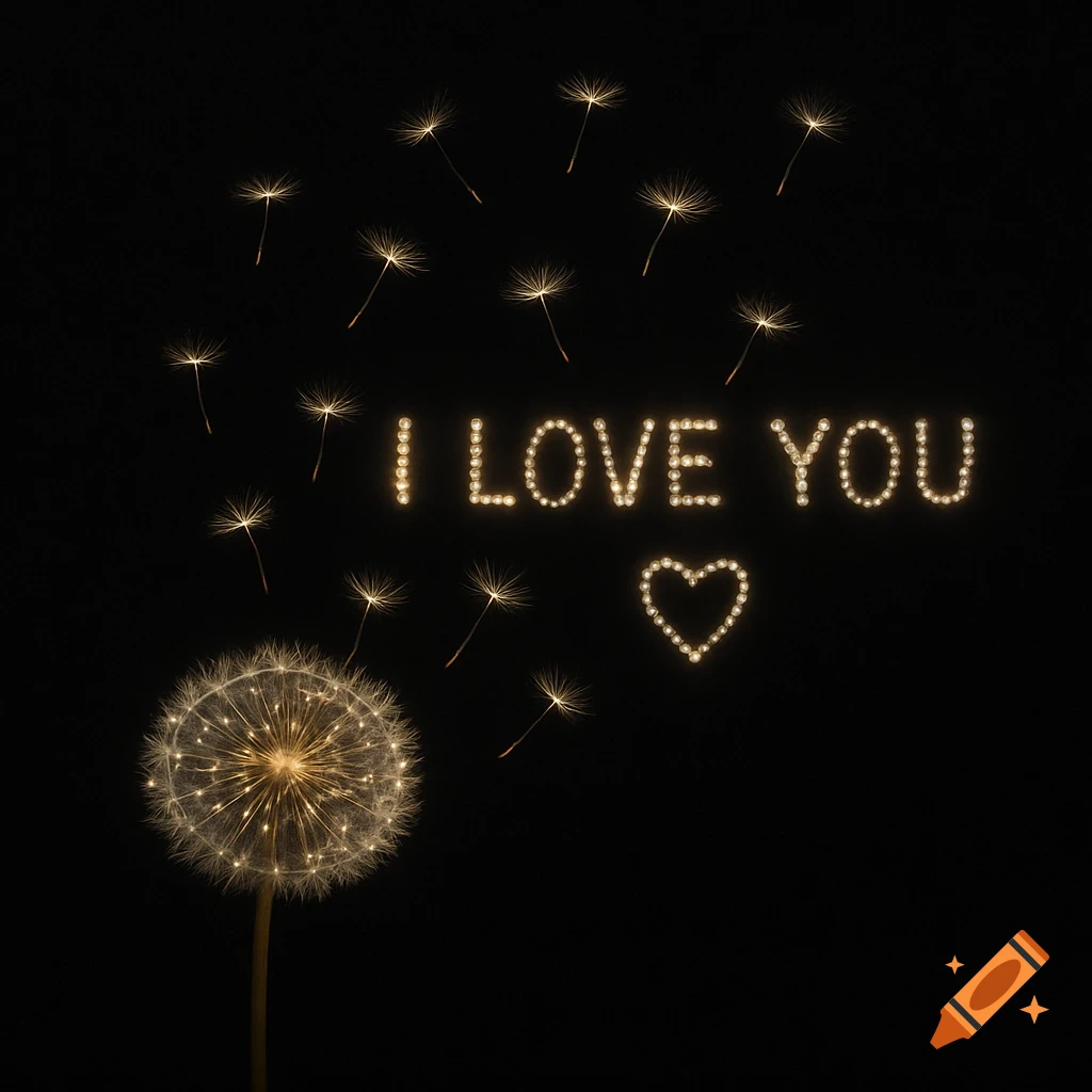 A glowing dandelion on a black background, with sparkling seeds forming 'I LOVE YOU' and a heart.