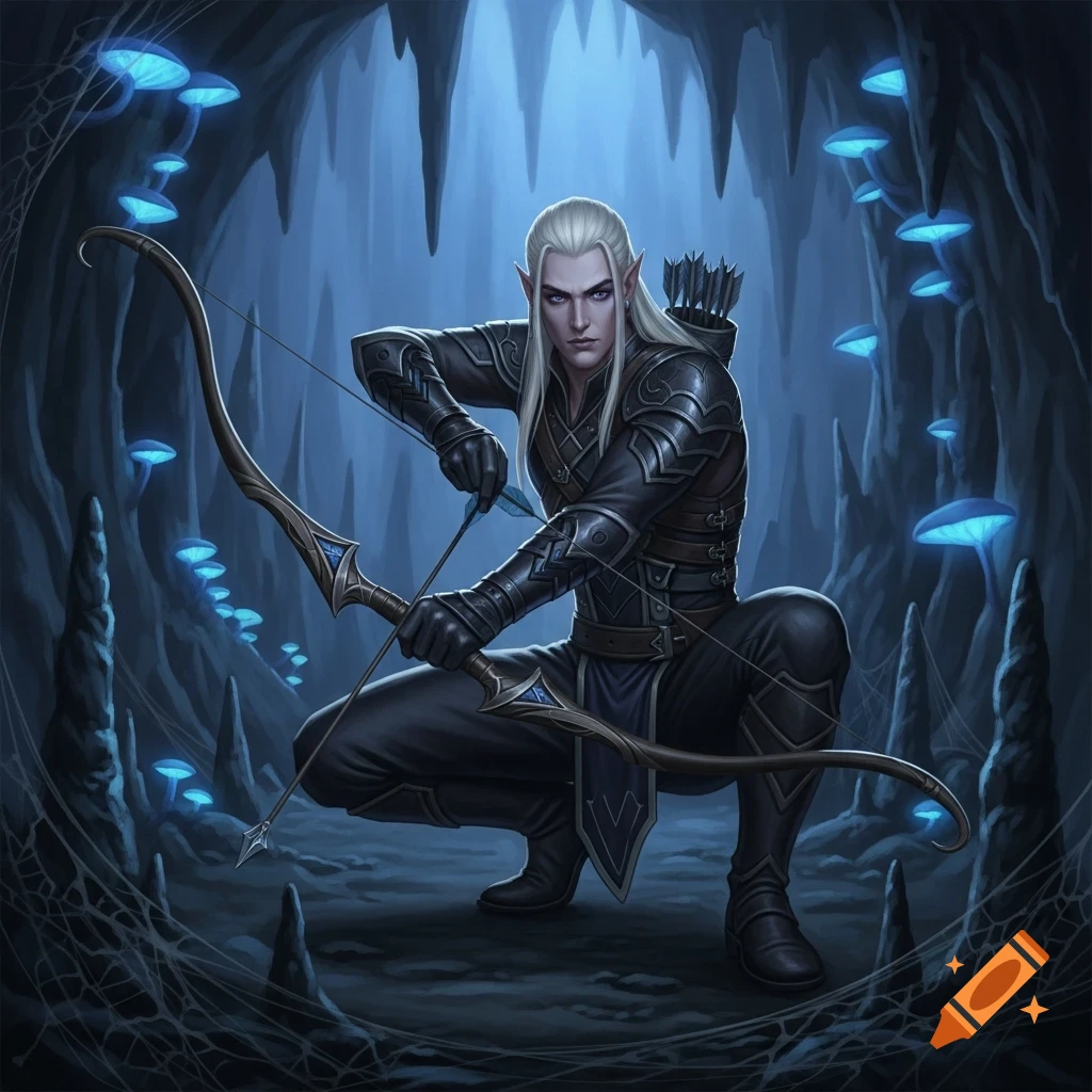 A white-haired male elf in dark armor crouches with a bow and arrow in a glowing blue mushroom cave, fantasy art.