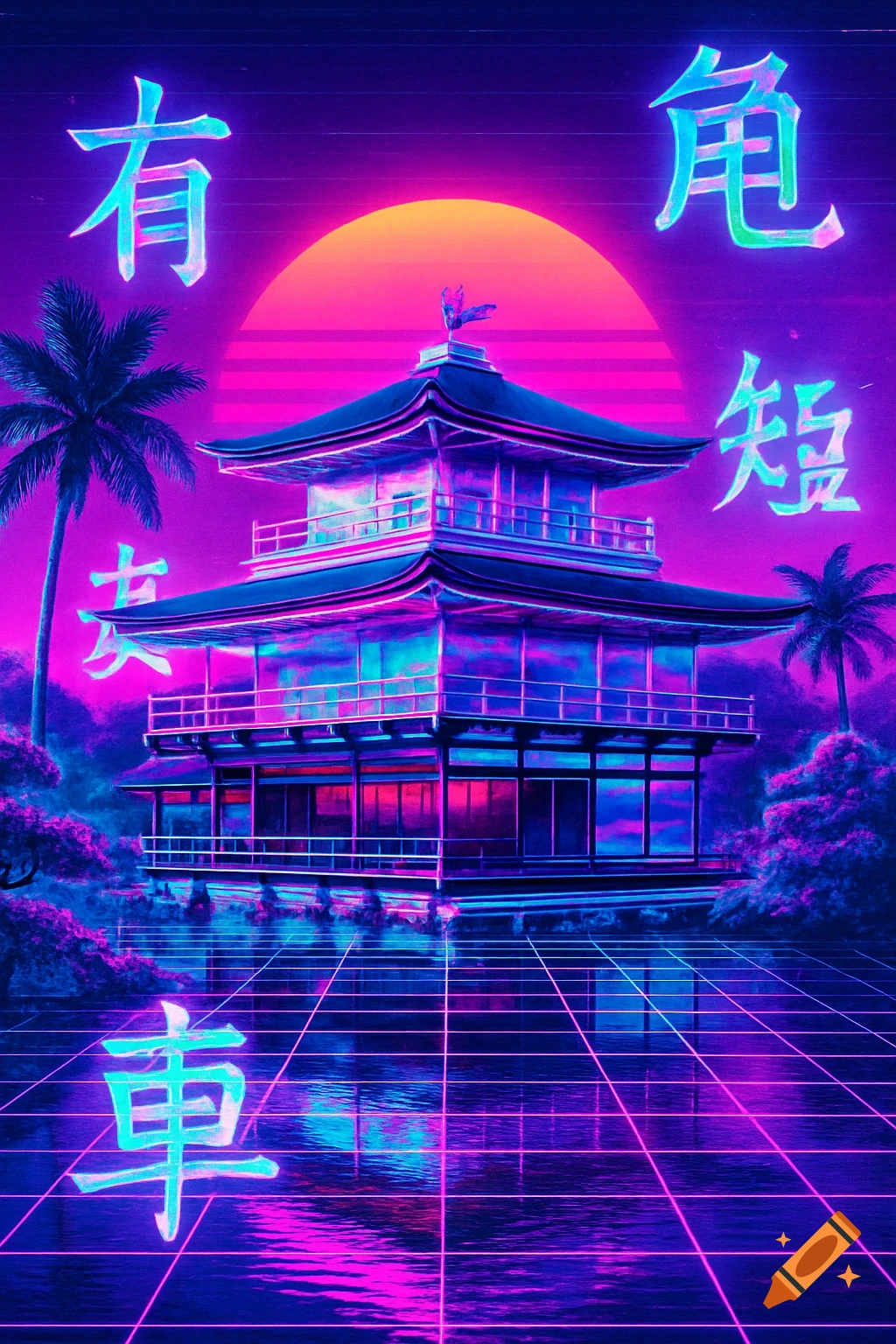 A vaporwave Kinkaku-ji temple glows neon magenta and electric blue under a sunset, with a retro grid water reflection and floating Japanese kanji.