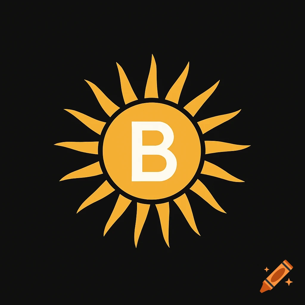 A company logo featuring a white letter B inside a warm yellow sun with rays on a black background.