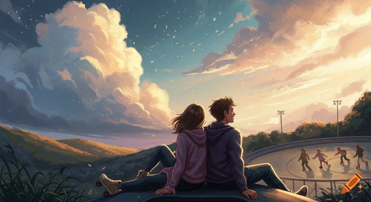 Dreamy painterly illustration of two friends sitting on a car roof, watching a sunset over a valley with people roller skating.