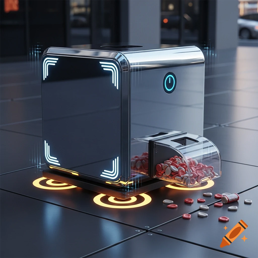 A sleek, futuristic robot with glowing blue accents dispenses red and white gum-like objects onto a dark tiled floor. Orange glowing rings are visible beneath the robot.