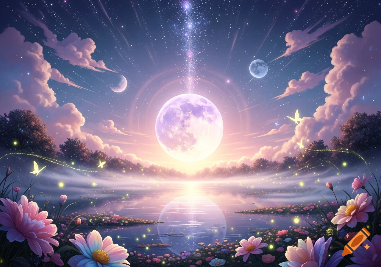A vibrant fantasy landscape at night with a large purple moon, celestial light, a calm lake reflecting the sky, and glowing flowers.