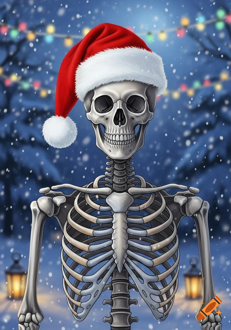 A stylized skeleton wearing a red Santa hat stands in a snowy forest with colorful string lights and lanterns.