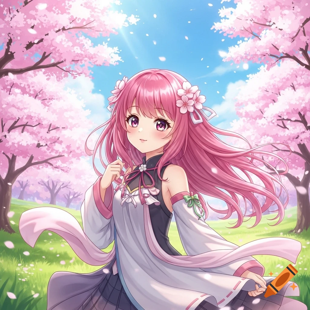An anime girl with pink hair and purple eyes stands in a vibrant cherry blossom park under a clear sky.