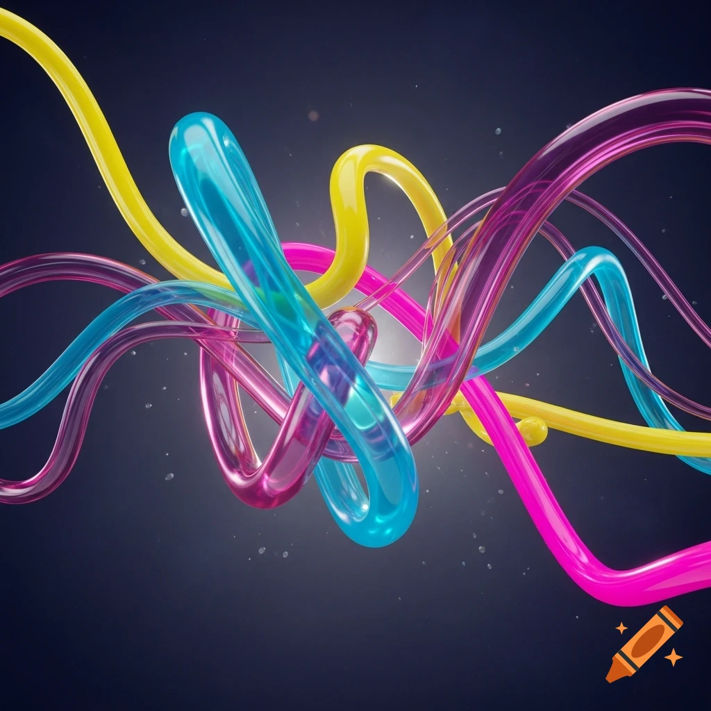 Colorful intertwined translucent plastic tubes in shades of blue, pink, and yellow against a dark background, with small white specks.