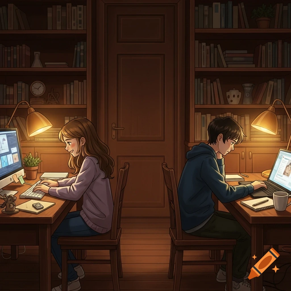 An anime-style image of a happy girl and a sad boy studying on laptops at separate desks in a cozy, lamp-lit library room with bookshelves.