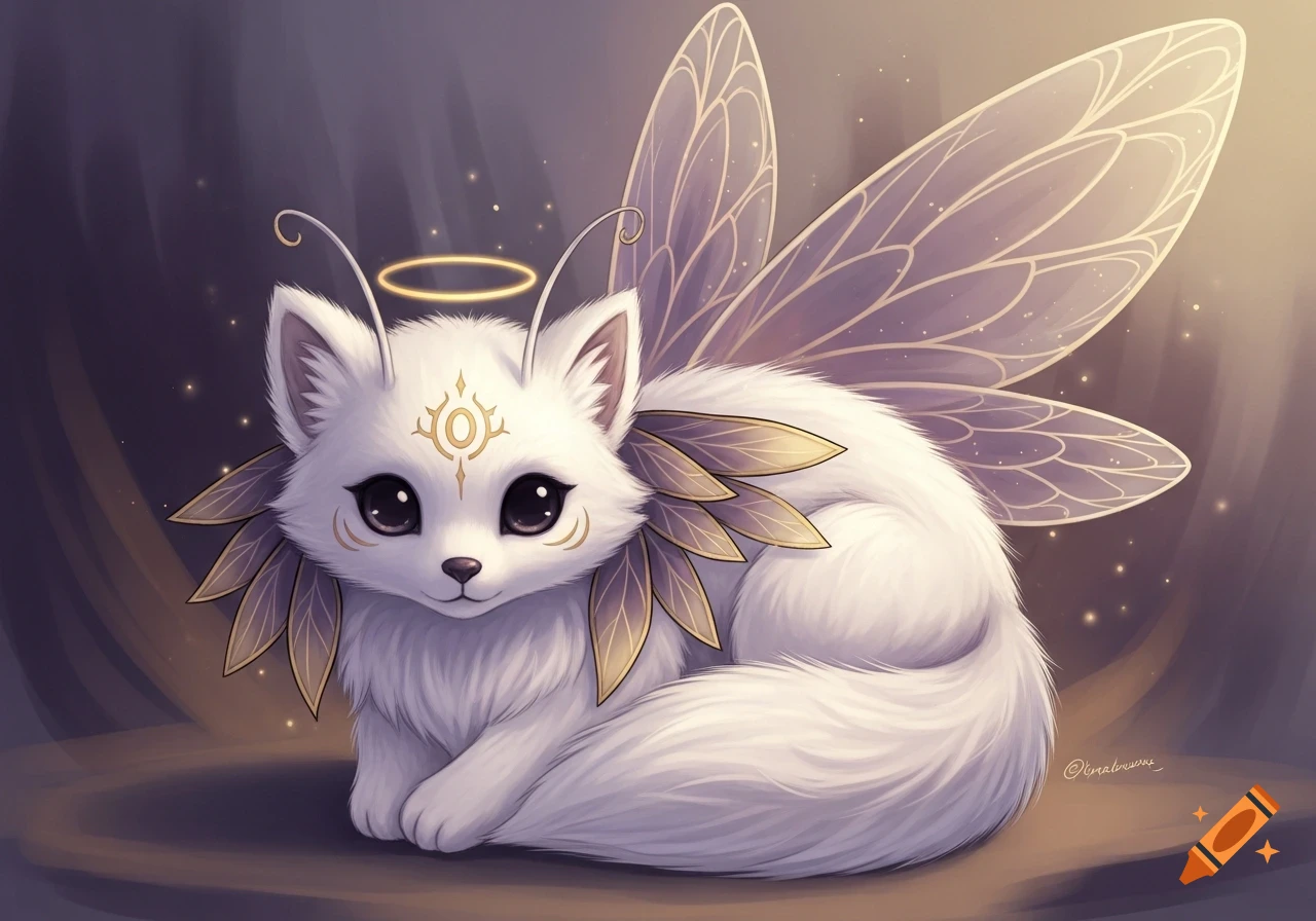 A cute fluffy white fantasy creature with large ethereal butterfly wings, a golden halo, and golden markings, in digital art style.