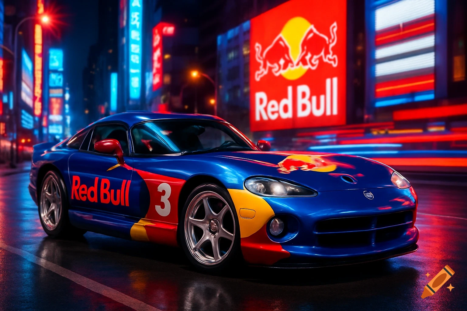 A blue Red Bull Dodge Viper sports car with the number 3 on its side, parked on a wet city street at night, illuminated by neon signs and reflections.