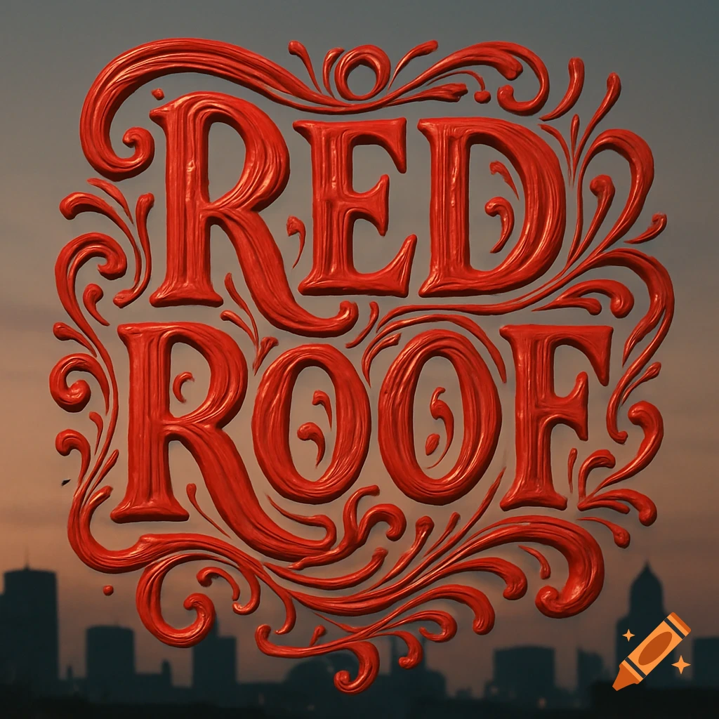 Red paint forms ornate 'RED ROOF' text with swirling flourishes over a blurred city skyline.
