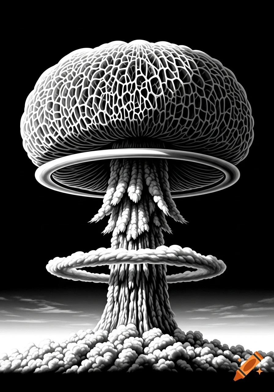 A stylized black and white mushroom cloud, resembling a morel mushroom with intricate textures, rises into the sky.