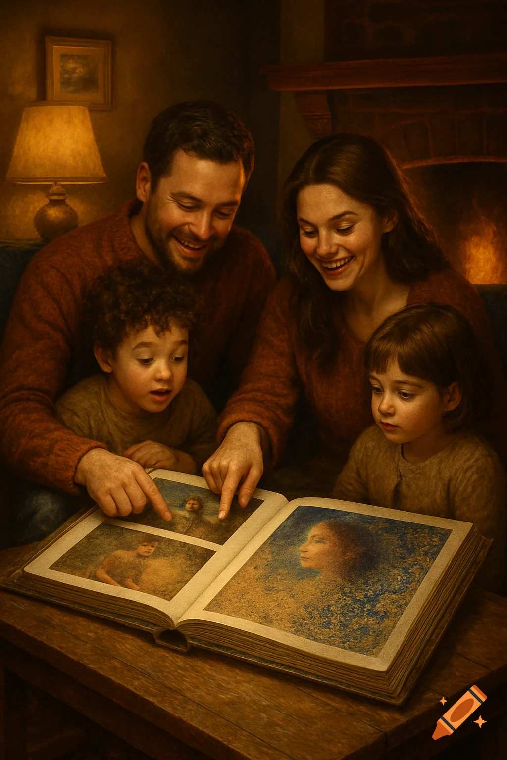A family smiles while looking at a photo album in a cozy, dimly lit room with a fireplace and lamp.