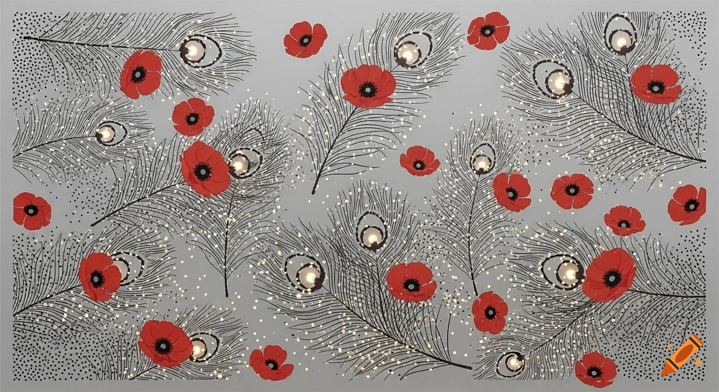 Repeating pattern of black peacock feathers, bright-centered eyes, and red poppies on a light grey background with sparkling white dots.