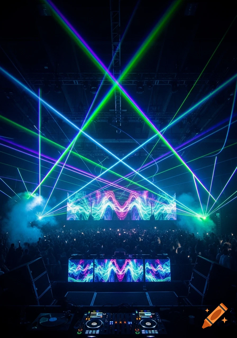 A vibrant laser concert scene from a DJ's perspective, with colorful laser beams, a large crowd, and illuminated screens.