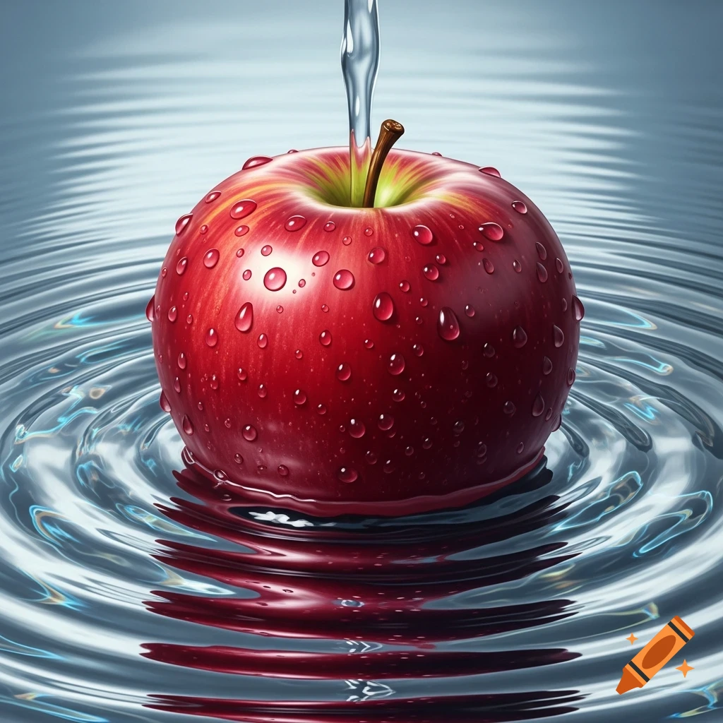 Vibrant red apple with water droplets, a stream of water hitting it, creating ripples in a reflective pool.