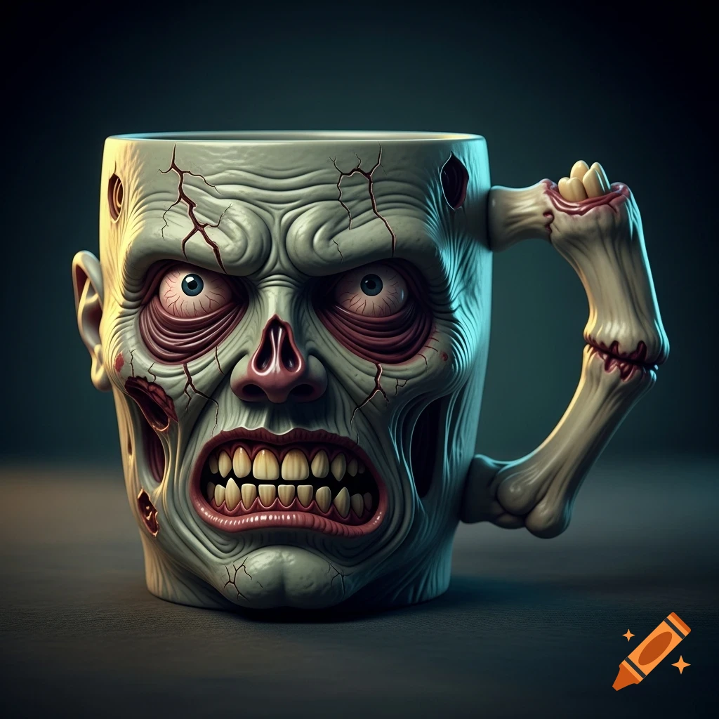 A close-up of a grotesque zombie head coffee mug with bared teeth and a skeletal bone handle.