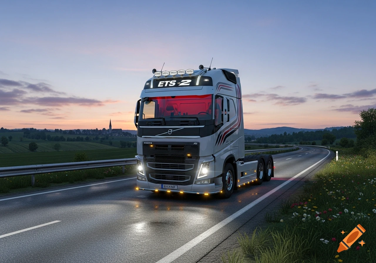 A white Volvo truck with 'ETS 2' on its cabin and red interior lights drives on a highway at sunset.