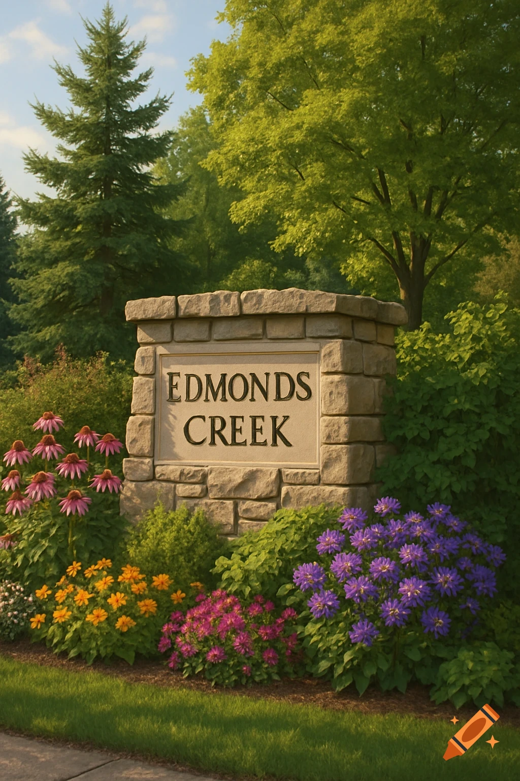 Photorealistic image of a stone sign reading 'EDMONDS CREEK' surrounded by lush green trees, shrubs, and colorful pink, purple, and yellow flowers.