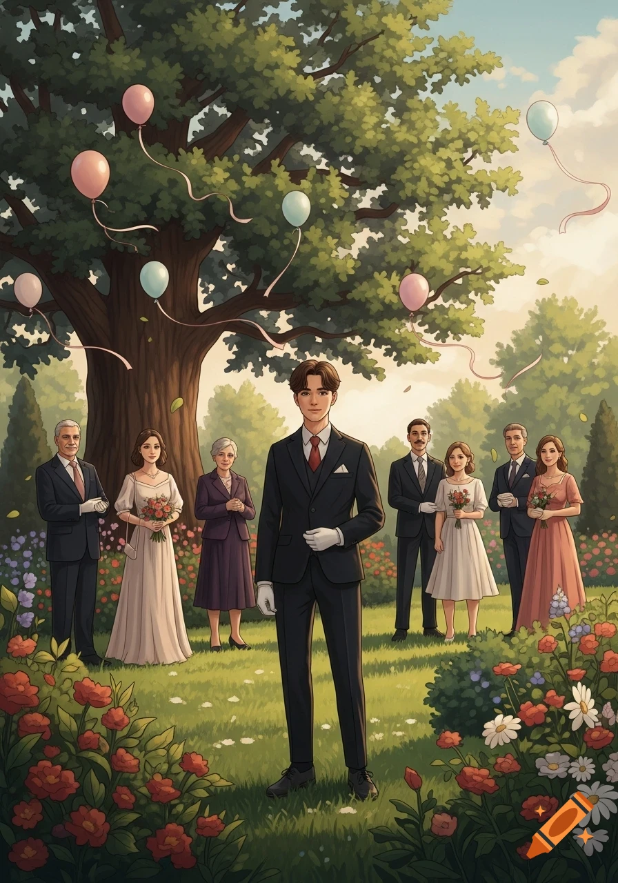 A stylized illustration of a formal family gathering in a garden with balloons tied to a large tree.