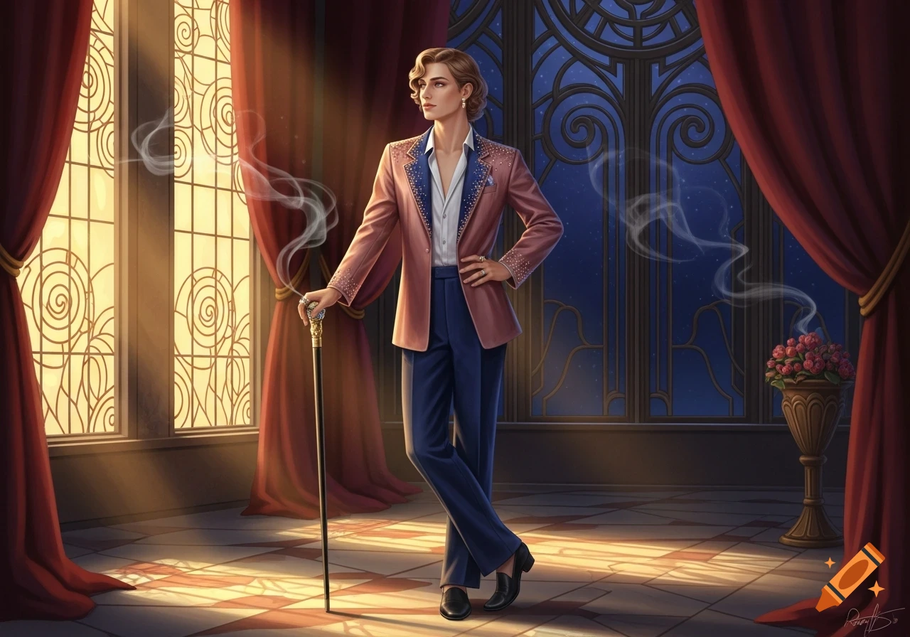 A feminine man in a pink embellished blazer and blue trousers stands confidently with a cane in an elegant room with large windows.
