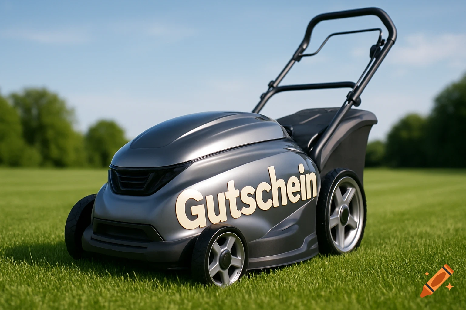 A modern gray lawnmower with the word 'Gutschein' on its side sits on a vibrant green lawn under a clear blue sky.