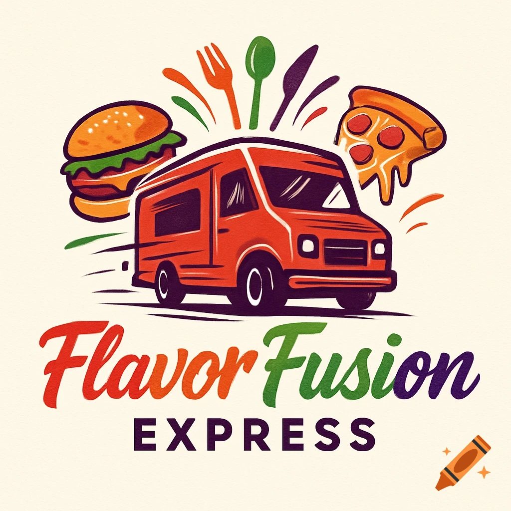 Colorful logo for "Flavor Fusion Express" food truck, featuring a red truck, burger, pizza slice, and cooking utensils on a light background.