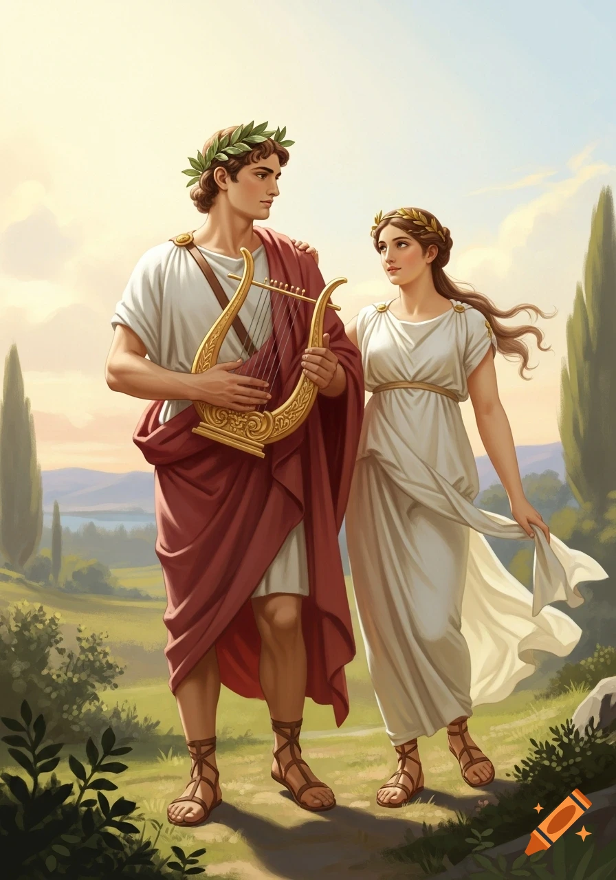 A man in a toga and laurel wreath holds a golden lyre next to a woman in a white gown, walking in a lush, classical landscape.