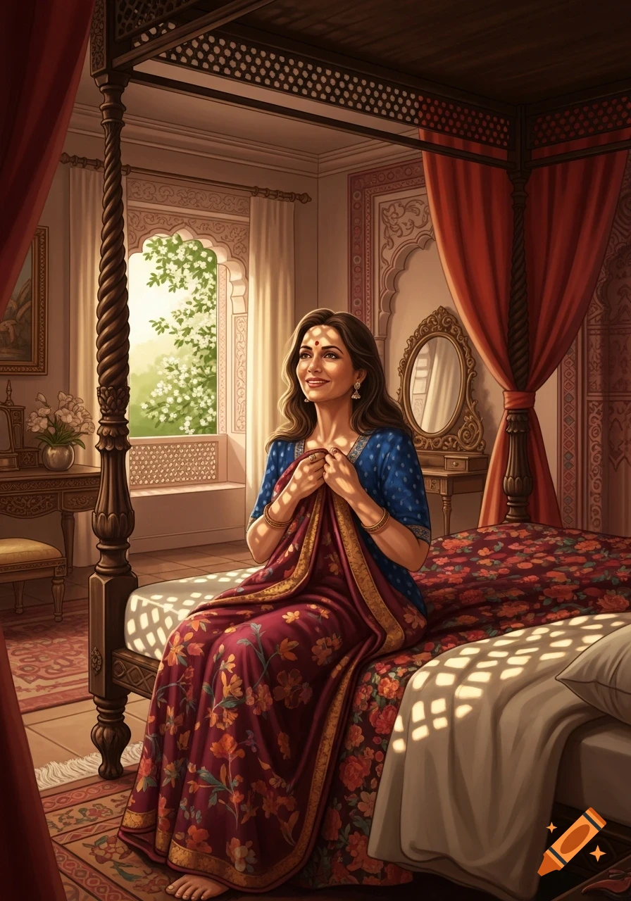 A smiling Indian woman in a colorful saree sits on an ornate four-poster bed in a sunlit traditional Indian bedroom.