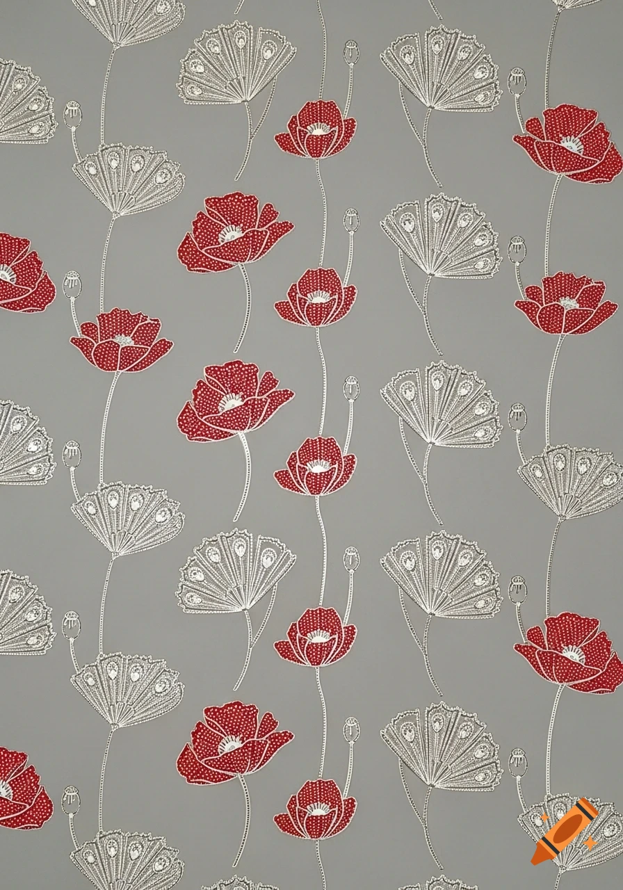 A repeating pattern of stylized red poppies with white dots and silver peacock fan shapes on a gray background.
