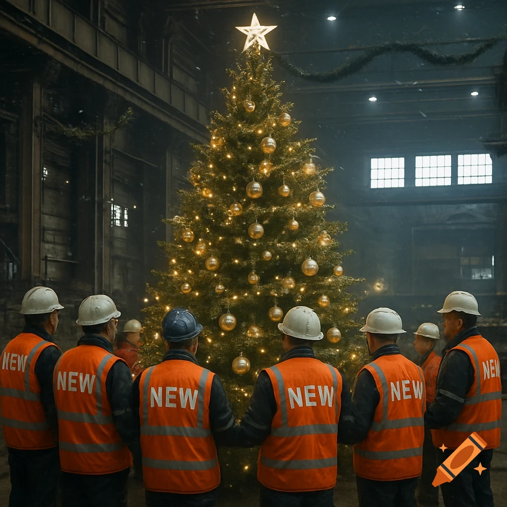 Workers in orange safety vests with 'NEW' gather around a decorated Christmas tree in a factory.