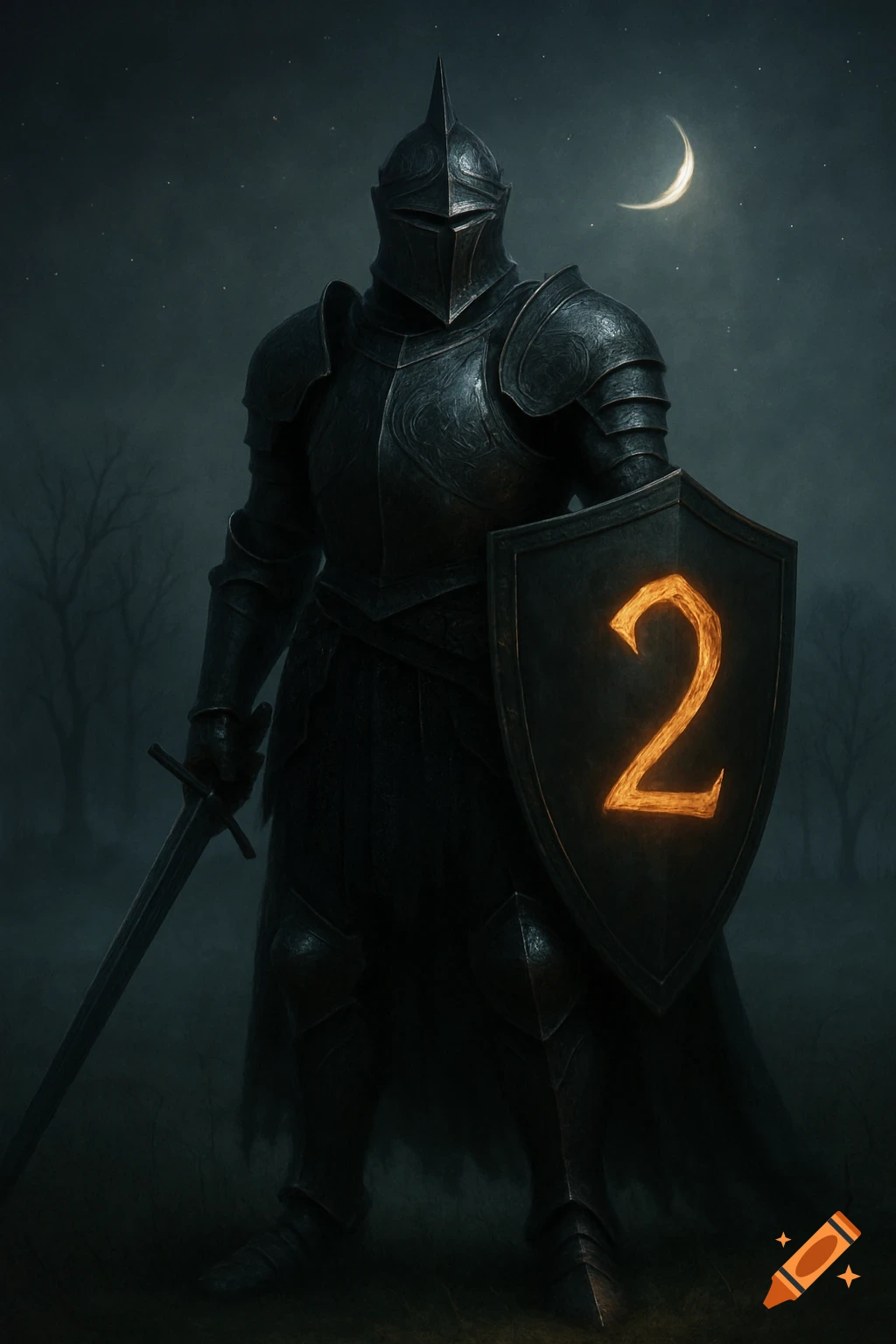 A dark knight in full black armor holds a sword and a shield with a glowing number 2, under a crescent moon in a misty forest.