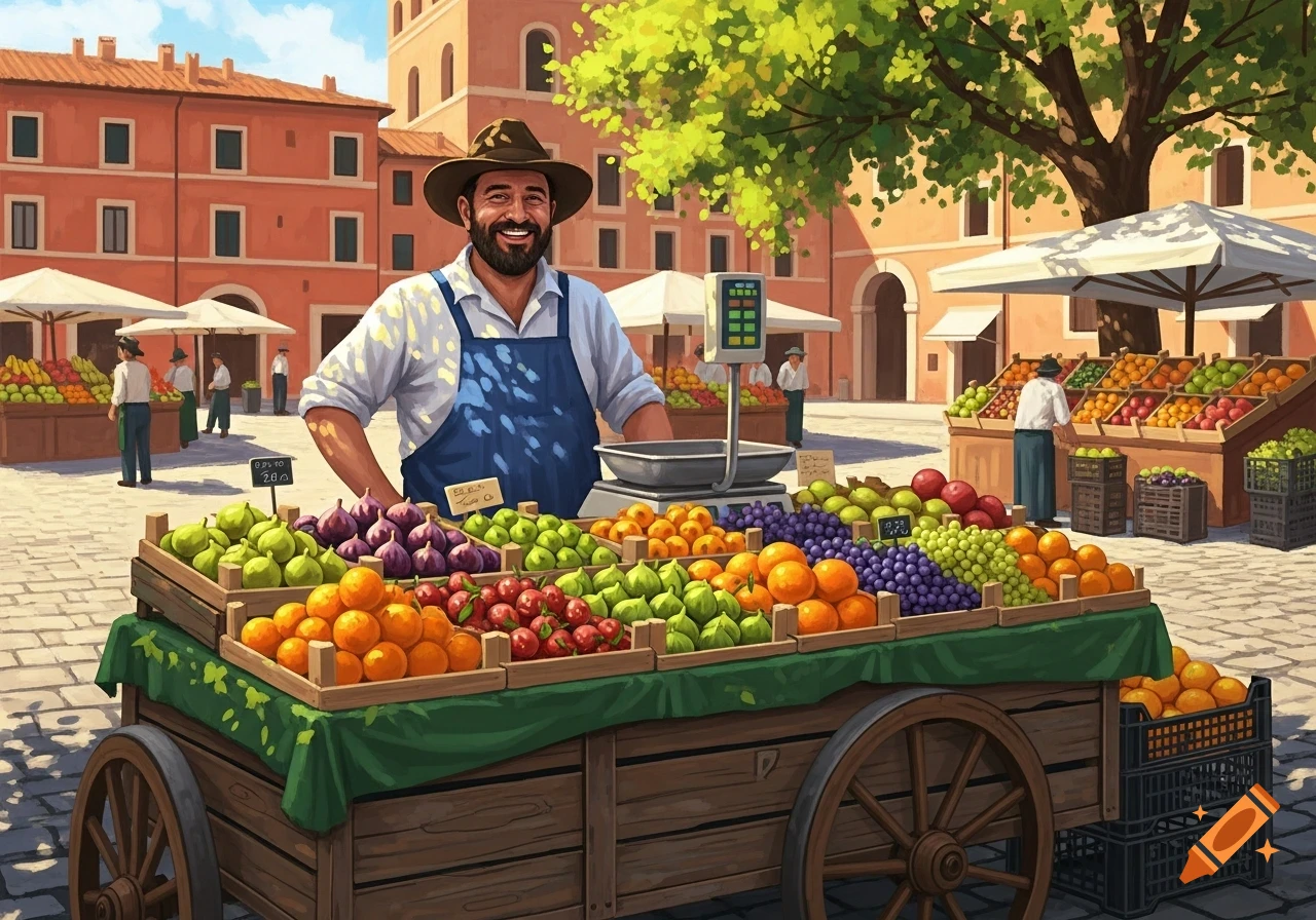 A smiling fruit seller with a beard and hat stands behind his cart overflowing with fruits at a vibrant outdoor market, in an illustration.