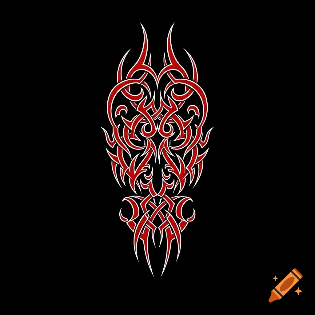 Red and white tribal line art with symmetrical organic curves on a black background in tattoo style.