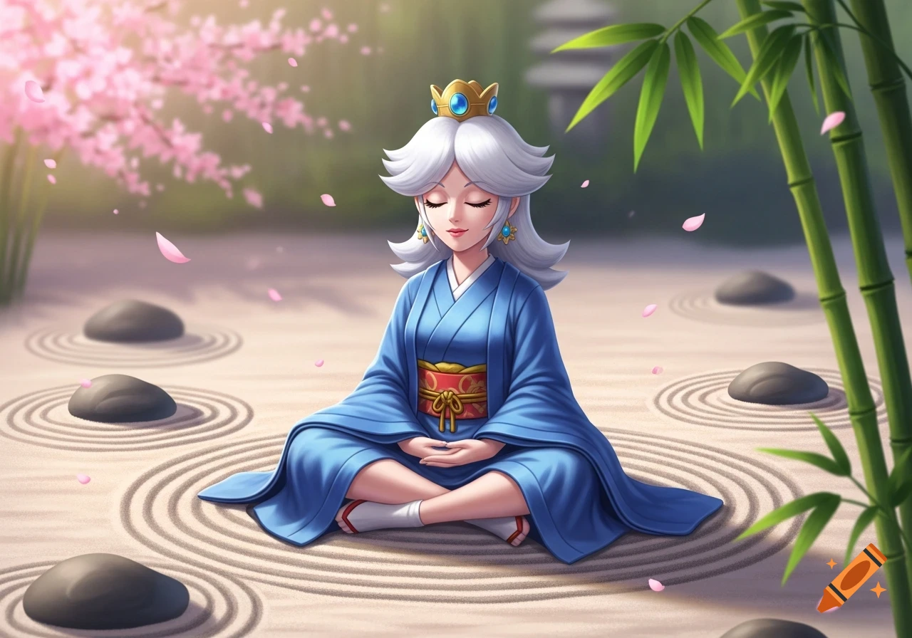 A Rosalina-like character in a blue kimono meditates peacefully with closed eyes in a serene zen garden with cherry blossoms and bamboo.