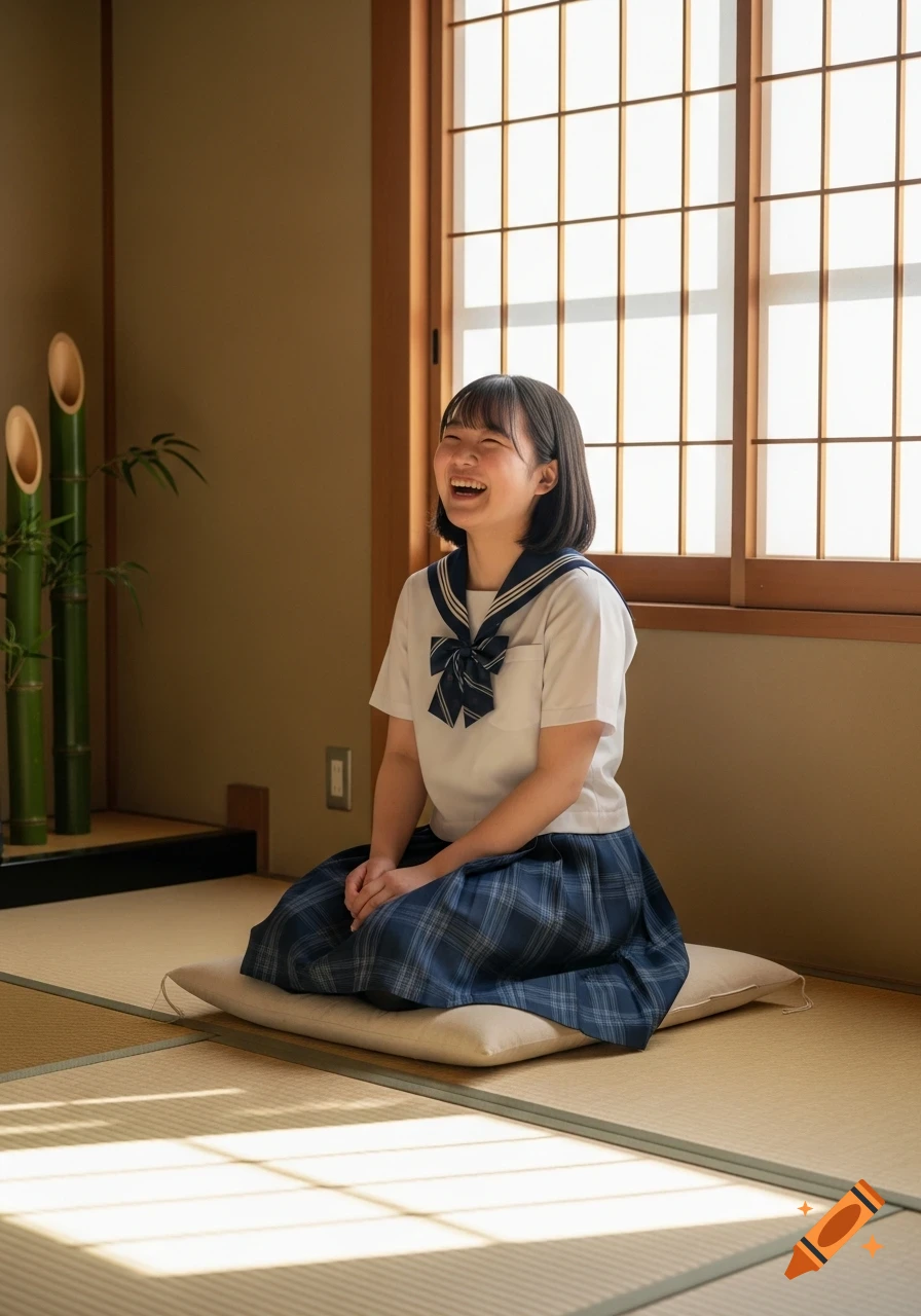 A happy Japanese student in a white shirt and plaid skirt kneels on a cushion in a traditional room with shoji screens.