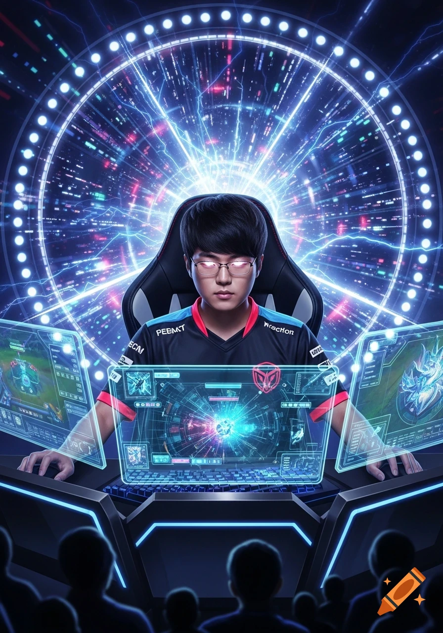 An esports player in a gaming chair, wearing glasses and a jersey, plays on futuristic holographic screens with glowing interfaces, surrounded by a digital vortex. Digital art.