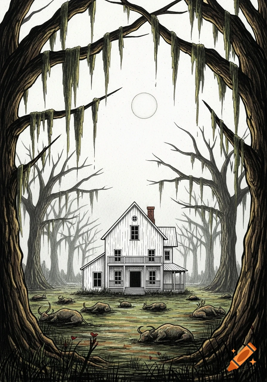 A stylized illustration of a white farmhouse in a dark, mossy swamp, framed by bare trees, under a pale moon with dead animals in the water.