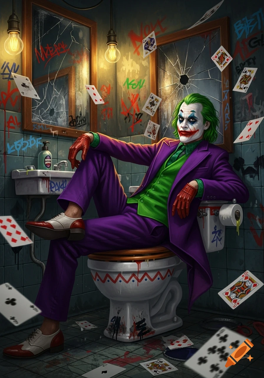 The Joker in a purple suit and green hair sits on a toilet in a chaotic, graffiti-covered bathroom with broken mirrors and scattered playing cards.