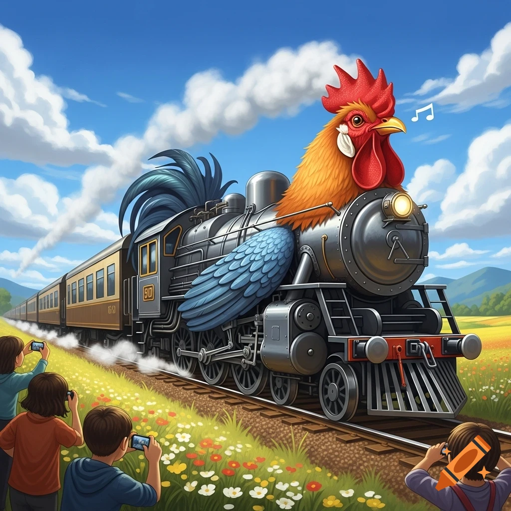 A vibrant, cartoonish train with a rooster's head and tail travels through a field of colorful flowers, as children photograph it.
